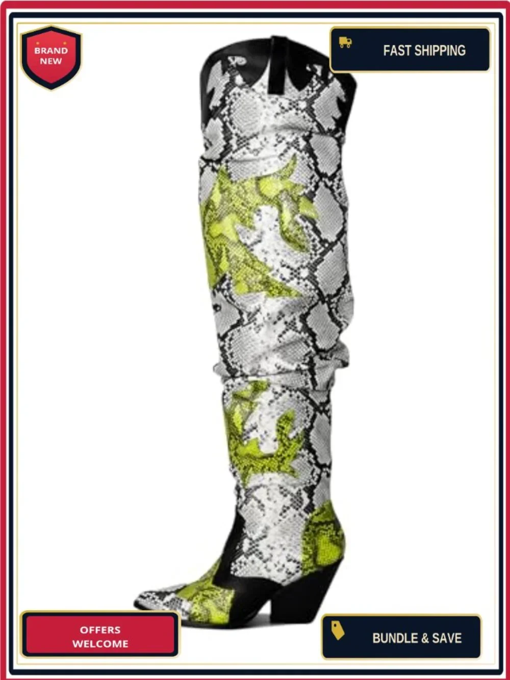Faux Snakeskin Thigh High Cowboy Boots Chunky Heel Over Knee Western Booties